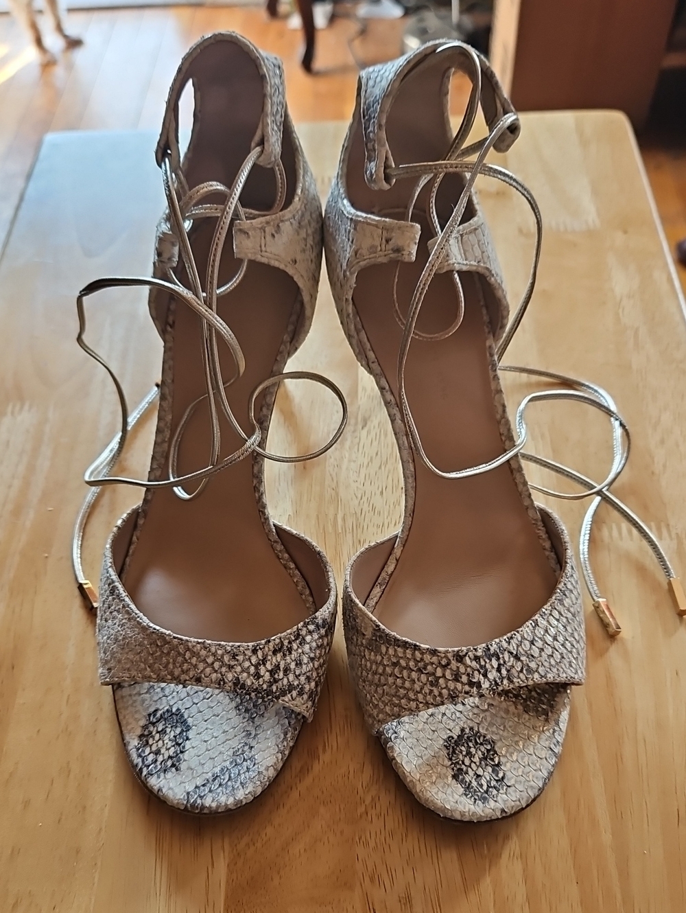 Diane Von Furstenberg Gray And Cream Snake-Print Ankle Wrap Heels